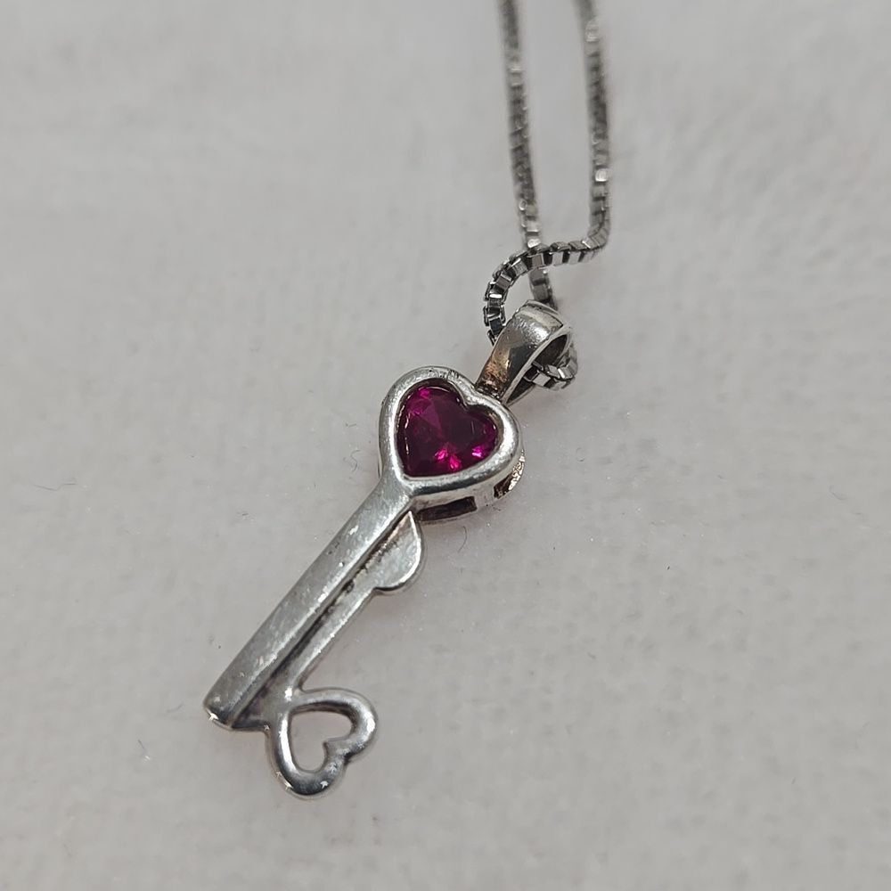 Sterling Silver Ruby Heart Key Pendant Necklace